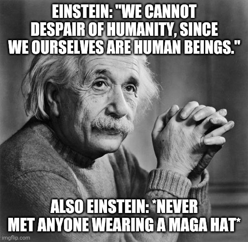 Morons Are Governing America | EINSTEIN: "WE CANNOT DESPAIR OF HUMANITY, SINCE WE OURSELVES ARE HUMAN BEINGS."; ALSO EINSTEIN: *NEVER MET ANYONE WEARING A MAGA HAT* | image tagged in einstein,maga,humanity | made w/ Imgflip meme maker