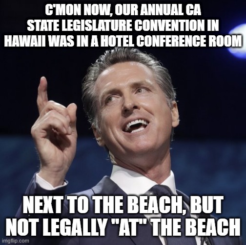 Gavin newsom | C'MON NOW, OUR ANNUAL CA STATE LEGISLATURE CONVENTION IN HAWAII WAS IN A HOTEL CONFERENCE ROOM NEXT TO THE BEACH, BUT NOT LEGALLY "AT" THE B | image tagged in gavin newsom | made w/ Imgflip meme maker