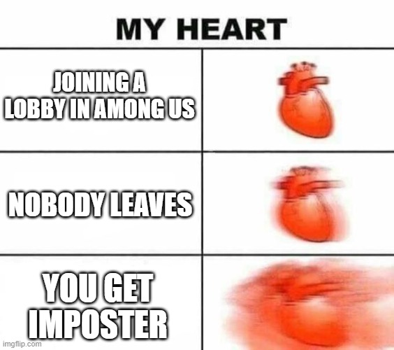 Joining a lobby in Among Us be like | JOINING A LOBBY IN AMONG US; NOBODY LEAVES; YOU GET IMPOSTER | image tagged in among us,imposter | made w/ Imgflip meme maker