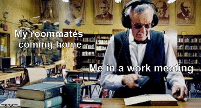 that zoom struggle | My roommates 
coming home; Me in a work meeting | image tagged in self quarantine,memes | made w/ Imgflip meme maker