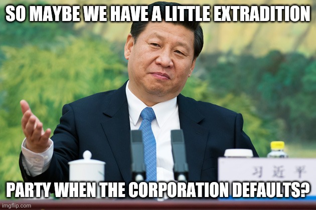 Xi Jinping | SO MAYBE WE HAVE A LITTLE EXTRADITION PARTY WHEN THE CORPORATION DEFAULTS? | image tagged in xi jinping | made w/ Imgflip meme maker