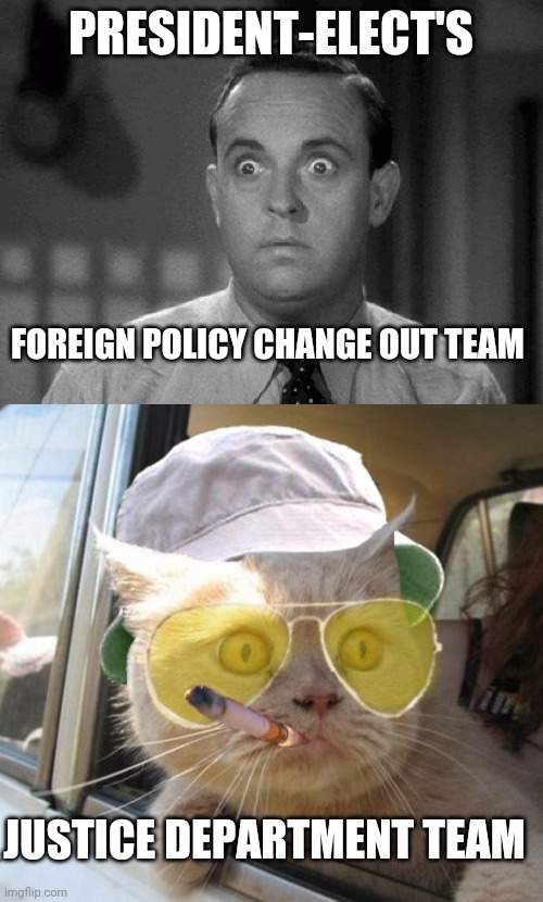 PRESIDENT-ELECT'S; FOREIGN POLICY CHANGE OUT TEAM; JUSTICE DEPARTMENT TEAM | image tagged in shocked face,memes,fear and loathing cat | made w/ Imgflip meme maker