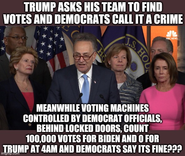 Don't worry, without the Trump boogeyman, Democrats will turn on themselves. | TRUMP ASKS HIS TEAM TO FIND VOTES AND DEMOCRATS CALL IT A CRIME; MEANWHILE VOTING MACHINES CONTROLLED BY DEMOCRAT OFFICIALS, BEHIND LOCKED DOORS, COUNT 100,000 VOTES FOR BIDEN AND 0 FOR TRUMP AT 4AM AND DEMOCRATS SAY ITS FINE??? | image tagged in democrat congressmen,cheaters | made w/ Imgflip meme maker