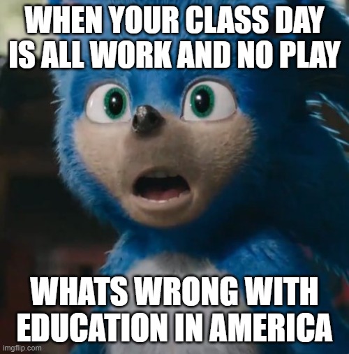 Sonic Movie | WHEN YOUR CLASS DAY IS ALL WORK AND NO PLAY; WHATS WRONG WITH EDUCATION IN AMERICA | image tagged in sonic movie | made w/ Imgflip meme maker