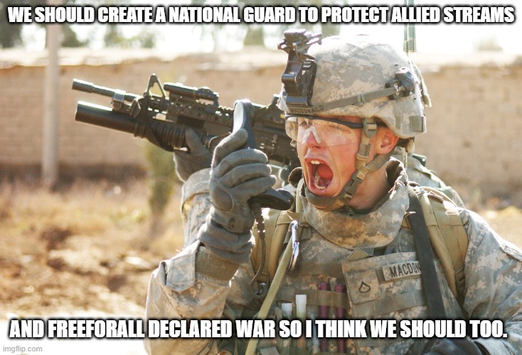 in the vote put for both of them like national guard: yes and War: yes | WE SHOULD CREATE A NATIONAL GUARD TO PROTECT ALLIED STREAMS; AND FREEFORALL DECLARED WAR SO I THINK WE SHOULD TOO. | image tagged in us army soldier yelling radio iraq war | made w/ Imgflip meme maker