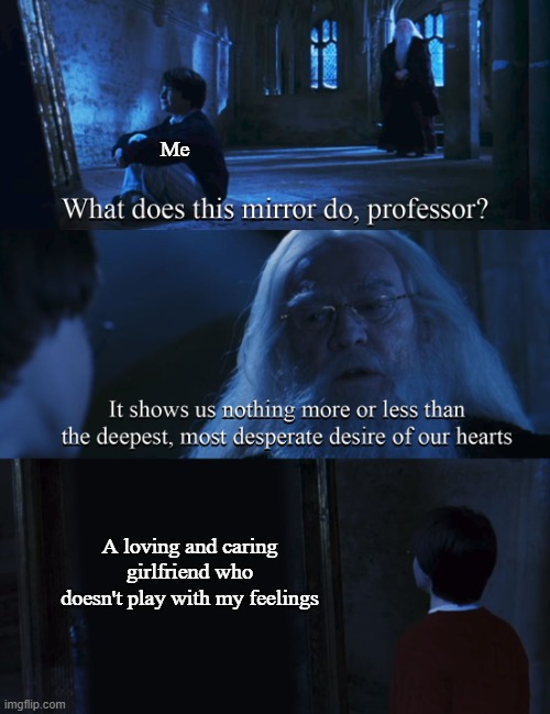 Harry potter mirror |  Me; A loving and caring girlfriend who doesn't play with my feelings | image tagged in harry potter mirror,harry potter,girl,girlfriend,broken heart | made w/ Imgflip meme maker