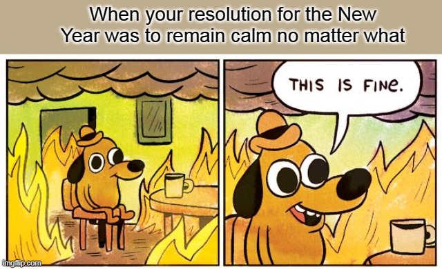 Sticking to Resolutions Day #4 |  When your resolution for the New Year was to remain calm no matter what | image tagged in memes,this is fine,new year resolutions,keep calm,optimist | made w/ Imgflip meme maker