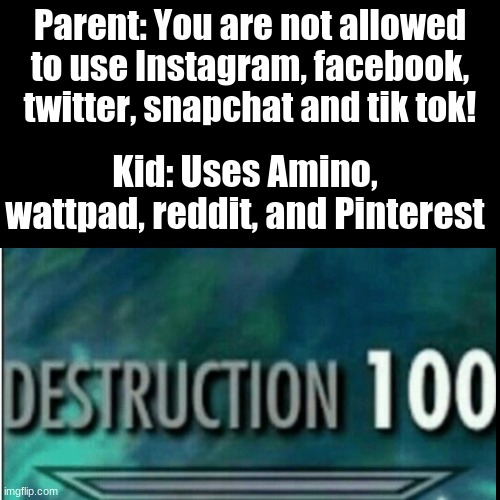 Destruction 100- | Parent: You are not allowed to use Instagram, facebook, twitter, snapchat and tik tok! Kid: Uses Amino, wattpad, reddit, and Pinterest | image tagged in destruction 100,smart,parents,kid,memes,funny | made w/ Imgflip meme maker