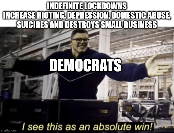 Enjoy being cowards and sheep everybody | INDEFINITE LOCKDOWNS
INCREASE RIOTING, DEPRESSION, DOMESTIC ABUSE, SUICIDES AND DESTROYS SMALL BUSINESS; DEMOCRATS | image tagged in i see this as an absolute win,lockdown,liberal logic,democrat party,tyranny,2020 | made w/ Imgflip meme maker