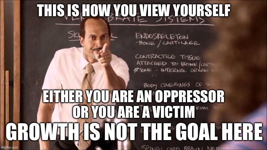 How leftists have Americans view themselves | THIS IS HOW YOU VIEW YOURSELF; EITHER YOU ARE AN OPPRESSOR
OR YOU ARE A VICTIM; GROWTH IS NOT THE GOAL HERE | image tagged in key and peele substitute teacher,leftists,politics,funny,victim,oppression | made w/ Imgflip meme maker