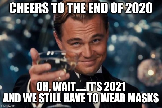 well then.. | CHEERS TO THE END OF 2020; OH, WAIT.....IT'S 2021 AND WE STILL HAVE TO WEAR MASKS | image tagged in memes,leonardo dicaprio cheers | made w/ Imgflip meme maker