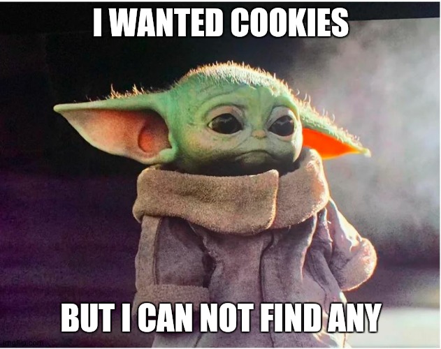 sad baby yoda | I WANTED COOKIES; BUT I CAN NOT FIND ANY | image tagged in sad baby yoda | made w/ Imgflip meme maker