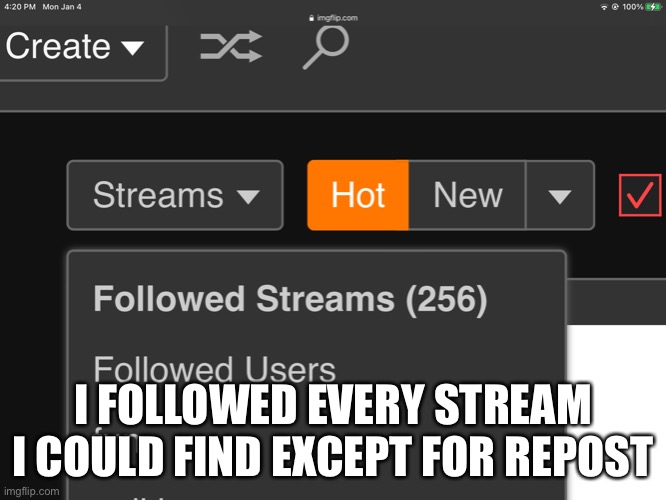 I FOLLOWED EVERY STREAM I COULD FIND EXCEPT FOR REPOST | made w/ Imgflip meme maker