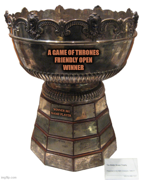 trophy | A GAME OF THRONES
FRIENDLY OPEN
WINNER; WINNER S01
NAME PLAYER | image tagged in trophy | made w/ Imgflip meme maker