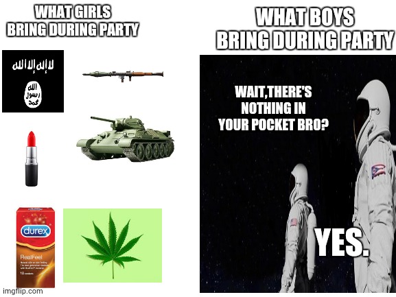 Party | WHAT BOYS BRING DURING PARTY; WHAT GIRLS BRING DURING PARTY; WAIT,THERE'S NOTHING IN YOUR POCKET BRO? YES. | image tagged in bruh | made w/ Imgflip meme maker