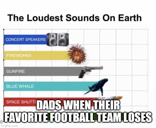 The Loudest Sounds on Earth | DADS WHEN THEIR FAVORITE FOOTBALL TEAM LOSES | image tagged in the loudest sounds on earth | made w/ Imgflip meme maker