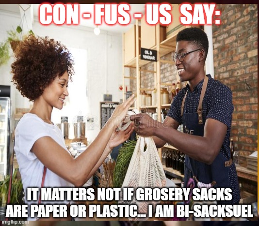 con fus us | CON - FUS - US  SAY:; IT MATTERS NOT IF GROSERY SACKS ARE PAPER OR PLASTIC... I AM BI-SACKSUEL | image tagged in funny | made w/ Imgflip meme maker