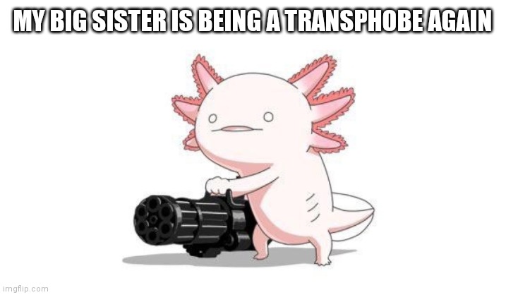 Axolotl gun | MY BIG SISTER IS BEING A TRANSPHOBE AGAIN | image tagged in axolotl gun | made w/ Imgflip meme maker