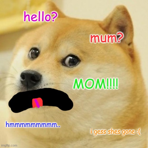 oh what a doge!! |  hello? mum? MOM!!!! hmmmmmmmmm.. i gess shes gone :( | image tagged in memes,doge | made w/ Imgflip meme maker
