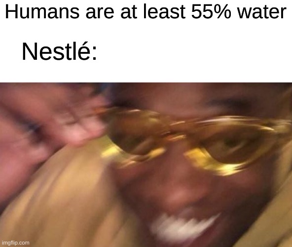 Nestlé and Water - My Bro's Idea | Humans are at least 55% water; Nestlé: | image tagged in fun,memes,water | made w/ Imgflip meme maker