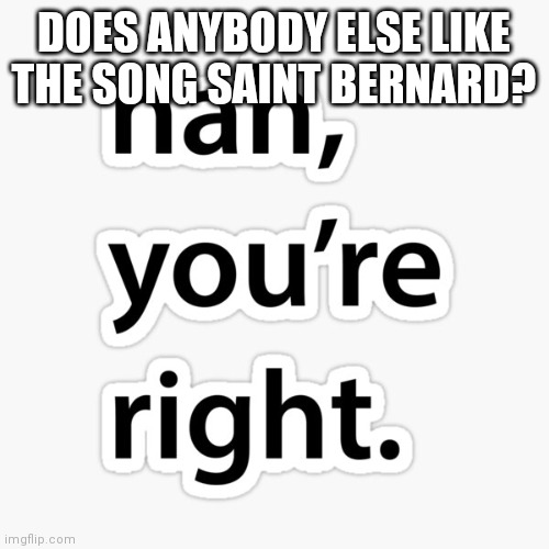 Nah you're right | DOES ANYBODY ELSE LIKE THE SONG SAINT BERNARD? | image tagged in nah you're right | made w/ Imgflip meme maker