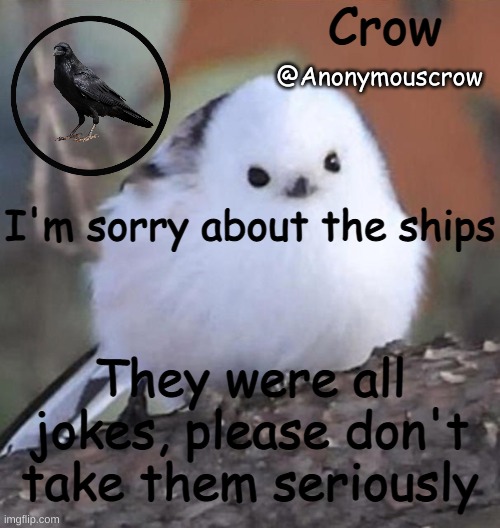 Anonymouscrow announce | I'm sorry about the ships; They were all jokes, please don't take them seriously | image tagged in anonymouscrow announce | made w/ Imgflip meme maker