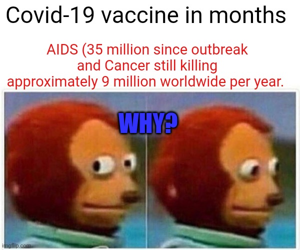 Covid-19 vs. cancer and AIDS | Covid-19 vaccine in months; AIDS (35 million since outbreak and Cancer still killing approximately 9 million worldwide per year. WHY? | image tagged in memes,monkey puppet | made w/ Imgflip meme maker