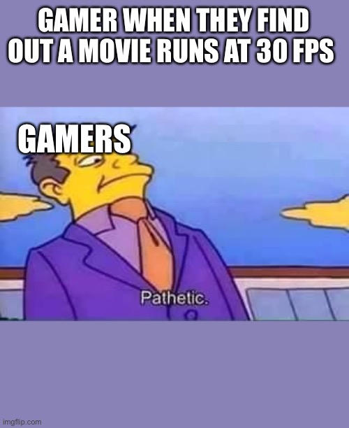 skinner pathetic | GAMER WHEN THEY FIND OUT A MOVIE RUNS AT 30 FPS; GAMERS | image tagged in skinner pathetic | made w/ Imgflip meme maker