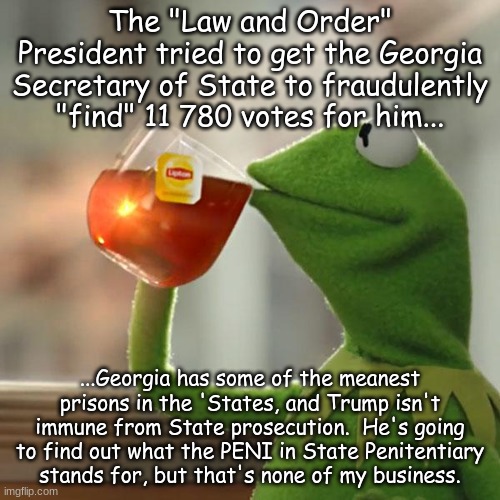 But That's None Of My Business | The "Law and Order" President tried to get the Georgia Secretary of State to fraudulently "find" 11 780 votes for him... ...Georgia has some of the meanest prisons in the 'States, and Trump isn't immune from State prosecution.  He's going to find out what the PENI in State Penitentiary stands for, but that's none of my business. | image tagged in memes,but that's none of my business,kermit the frog | made w/ Imgflip meme maker
