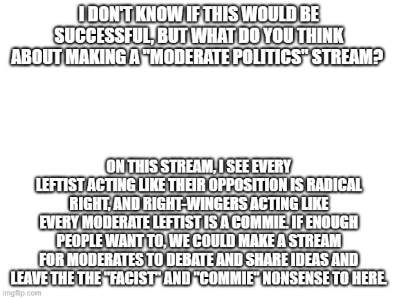 just an idea | I DON'T KNOW IF THIS WOULD BE SUCCESSFUL, BUT WHAT DO YOU THINK ABOUT MAKING A "MODERATE POLITICS" STREAM? ON THIS STREAM, I SEE EVERY LEFTIST ACTING LIKE THEIR OPPOSITION IS RADICAL RIGHT, AND RIGHT-WINGERS ACTING LIKE EVERY MODERATE LEFTIST IS A COMMIE. IF ENOUGH PEOPLE WANT TO, WE COULD MAKE A STREAM FOR MODERATES TO DEBATE AND SHARE IDEAS AND LEAVE THE THE "FACIST" AND "COMMIE" NONSENSE TO HERE. | image tagged in blank white template | made w/ Imgflip meme maker