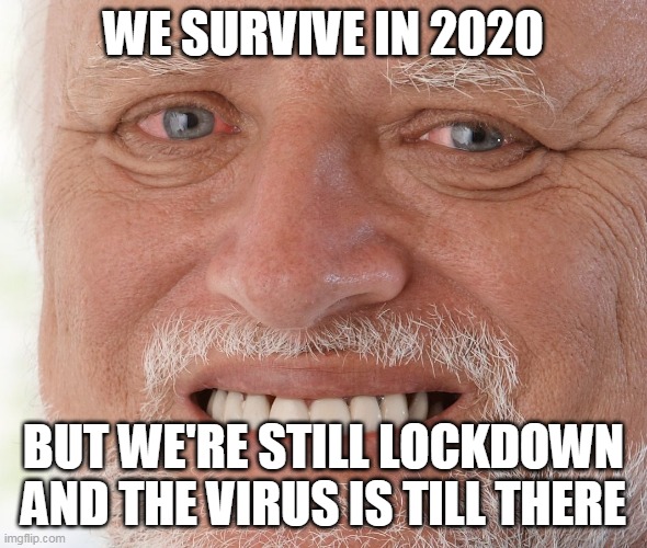 Hide the Pain Harold | WE SURVIVE IN 2020; BUT WE'RE STILL LOCKDOWN AND THE VIRUS IS TILL THERE | image tagged in hide the pain harold | made w/ Imgflip meme maker