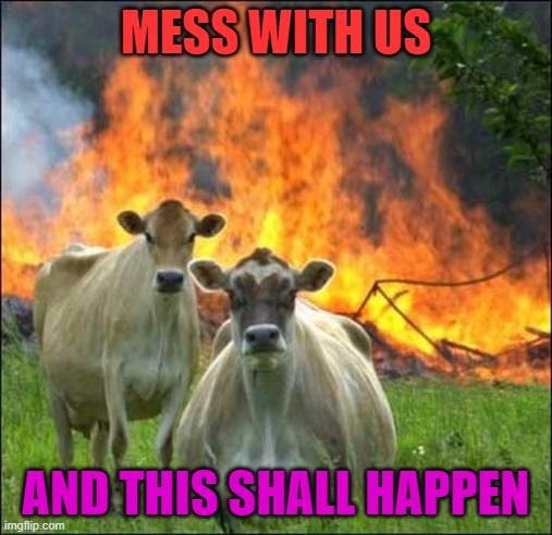 Evil Cows Meme | MESS WITH US AND THIS SHALL HAPPEN | image tagged in memes,evil cows | made w/ Imgflip meme maker