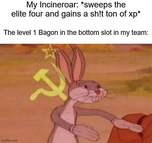 My Incineroar: *sweeps the elite four and gains a sh!t ton of xp*; The level 1 Bagon in the bottom slot in my team: | image tagged in blank white template,pokemon | made w/ Imgflip meme maker