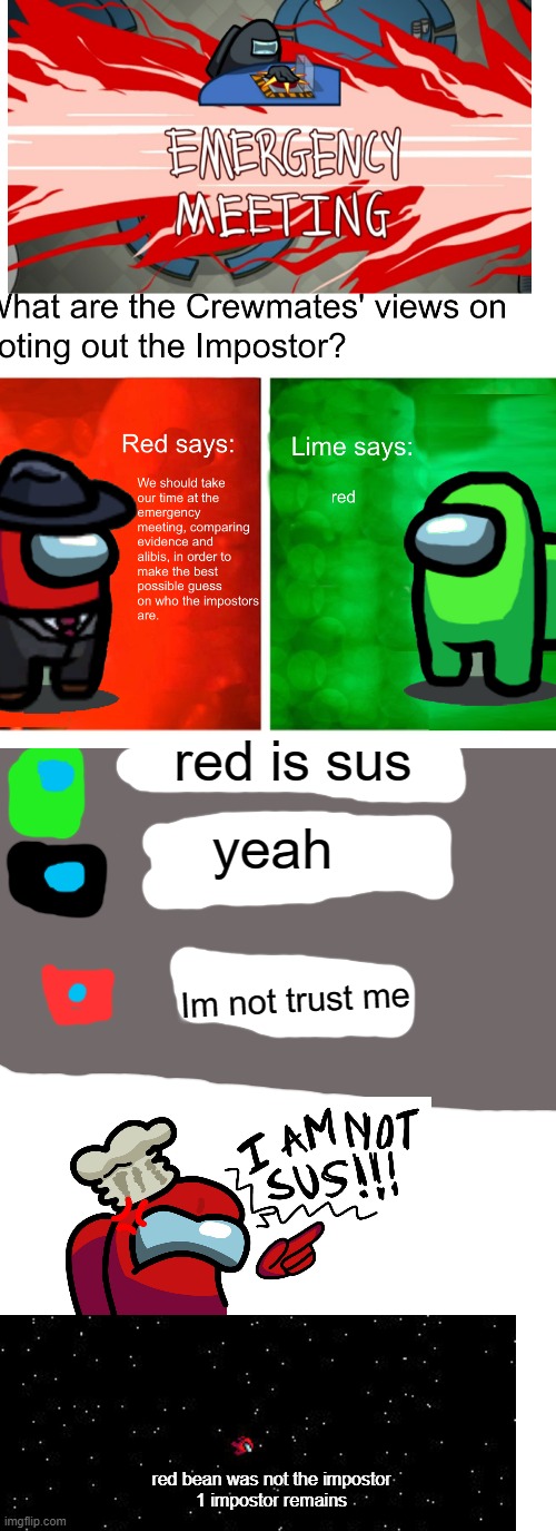 among us RED SUS | red is sus; yeah; Im not trust me; red bean was not the impostor
1 impostor remains | image tagged in memes,blank transparent square,blank white template | made w/ Imgflip meme maker
