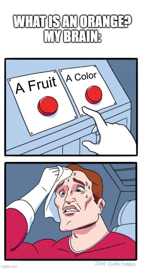 Its Confusing | WHAT IS AN ORANGE?
MY BRAIN:; A Color; A Fruit | image tagged in memes,two buttons,fruit | made w/ Imgflip meme maker