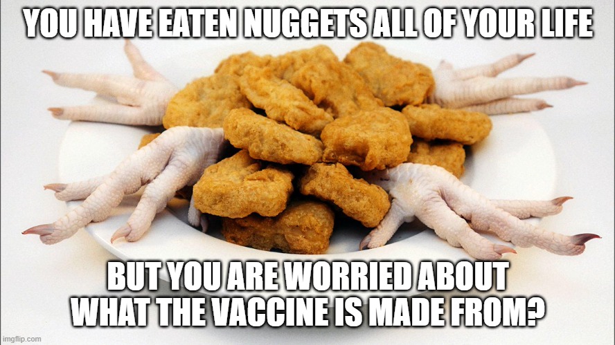 WORRIED ABOUT THE VACCINE? | YOU HAVE EATEN NUGGETS ALL OF YOUR LIFE; BUT YOU ARE WORRIED ABOUT WHAT THE VACCINE IS MADE FROM? | image tagged in vaccine,worried,chicken nuggets,mystery,meat,covid-19 | made w/ Imgflip meme maker