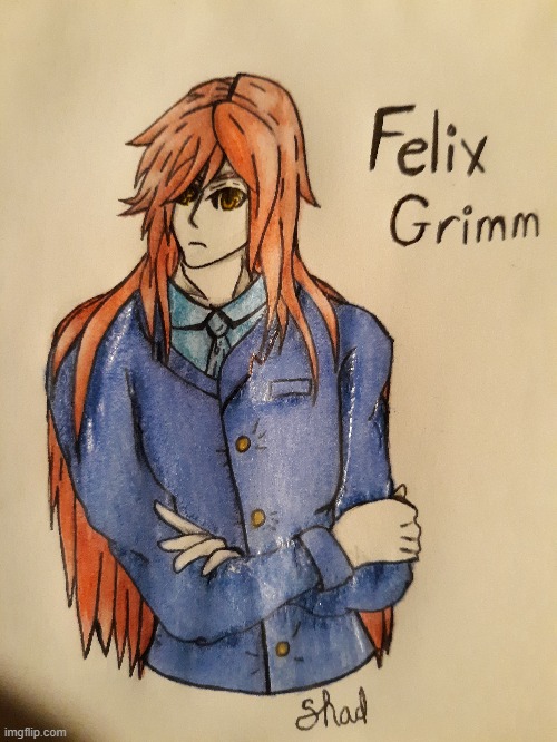 The drawing got really shiny for some reason- And this took about 3 tries to make since I kept messing up. Hope you like him ^^ | image tagged in drawing,oc,original character,art,i tried | made w/ Imgflip meme maker