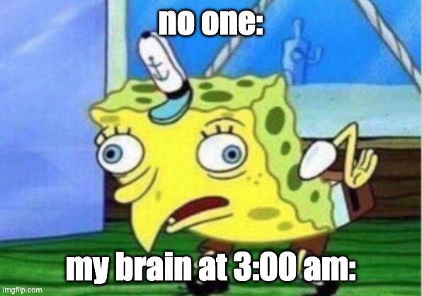Mocking Spongebob Meme | no one:; my brain at 3:00 am: | image tagged in memes,mocking spongebob | made w/ Imgflip meme maker