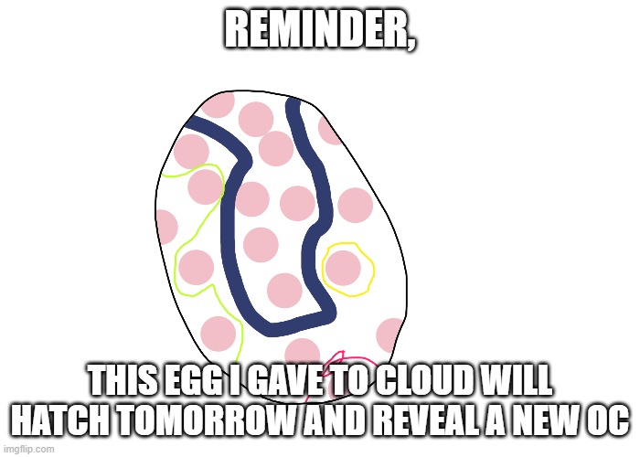 REMINDER, THIS EGG I GAVE TO CLOUD WILL HATCH TOMORROW AND REVEAL A NEW OC | made w/ Imgflip meme maker