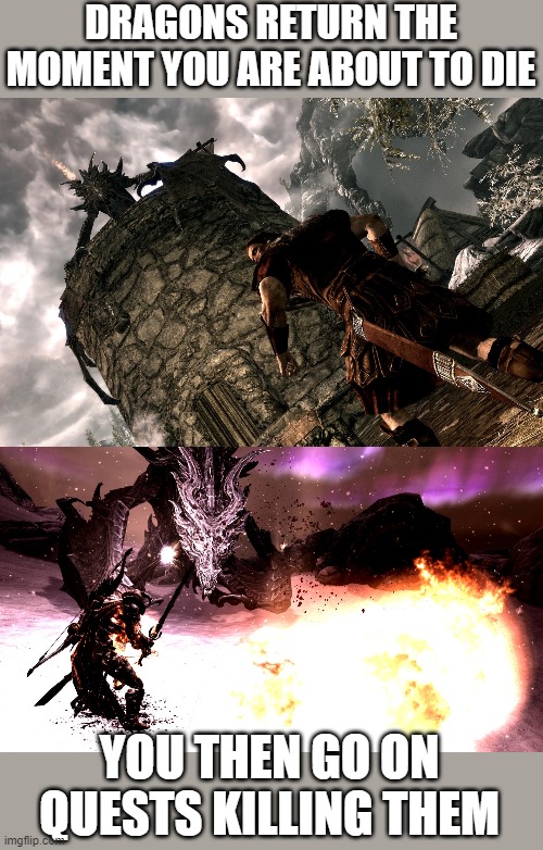 SKYRIM LOGIC |  DRAGONS RETURN THE MOMENT YOU ARE ABOUT TO DIE; YOU THEN GO ON QUESTS KILLING THEM | image tagged in dragon,skyrim,dragons | made w/ Imgflip meme maker