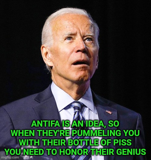 Joe Biden | ANTIFA IS AN IDEA, SO WHEN THEY'RE PUMMELING YOU WITH THEIR BOTTLE OF PISS YOU NEED TO HONOR THEIR GENIUS | image tagged in joe biden | made w/ Imgflip meme maker