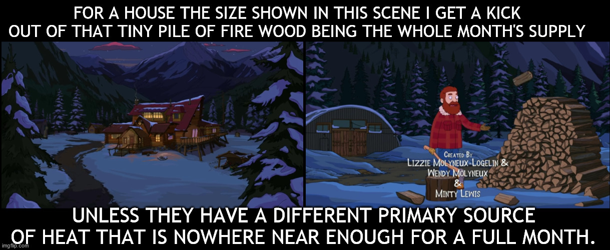Great North | FOR A HOUSE THE SIZE SHOWN IN THIS SCENE I GET A KICK OUT OF THAT TINY PILE OF FIRE WOOD BEING THE WHOLE MONTH'S SUPPLY; UNLESS THEY HAVE A DIFFERENT PRIMARY SOURCE OF HEAT THAT IS NOWHERE NEAR ENOUGH FOR A FULL MONTH. | image tagged in great north,bob's burgers | made w/ Imgflip meme maker