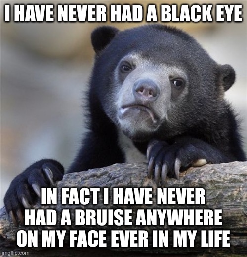 black bear | I HAVE NEVER HAD A BLACK EYE; IN FACT I HAVE NEVER HAD A BRUISE ANYWHERE ON MY FACE EVER IN MY LIFE | image tagged in confession bear,true story | made w/ Imgflip meme maker