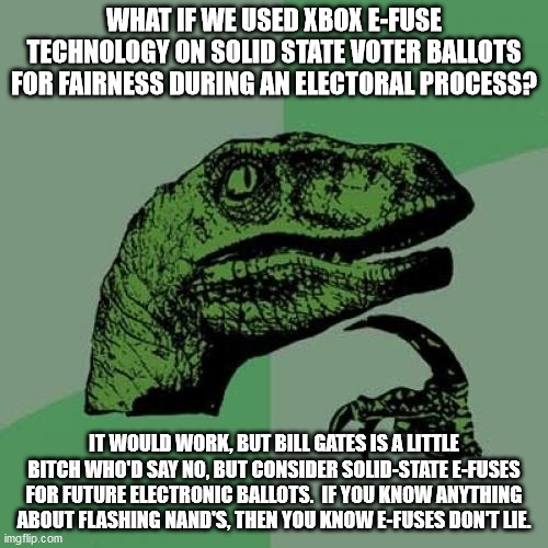 Philosoraptor | WHAT IF WE USED XBOX E-FUSE TECHNOLOGY ON SOLID STATE VOTER BALLOTS FOR FAIRNESS DURING AN ELECTORAL PROCESS? IT WOULD WORK, BUT BILL GATES IS A LITTLE BITCH WHO'D SAY NO, BUT CONSIDER SOLID-STATE E-FUSES FOR FUTURE ELECTRONIC BALLOTS.  IF YOU KNOW ANYTHING ABOUT FLASHING NAND'S, THEN YOU KNOW E-FUSES DON'T LIE. | image tagged in memes,philosoraptor | made w/ Imgflip meme maker