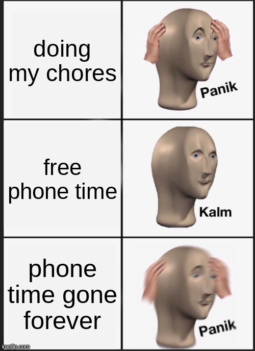 Panik Kalm Panik Meme | doing my chores; free phone time; phone time gone forever | image tagged in memes,panik kalm panik | made w/ Imgflip meme maker