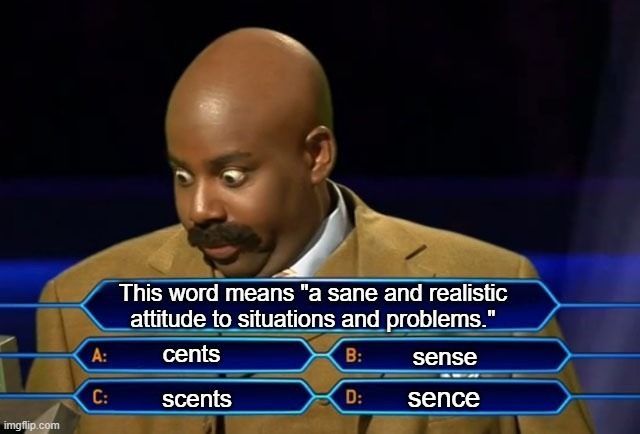 Who wants to be a millionaire? | This word means "a sane and realistic attitude to situations and problems." cents scents sence sense | image tagged in who wants to be a millionaire | made w/ Imgflip meme maker