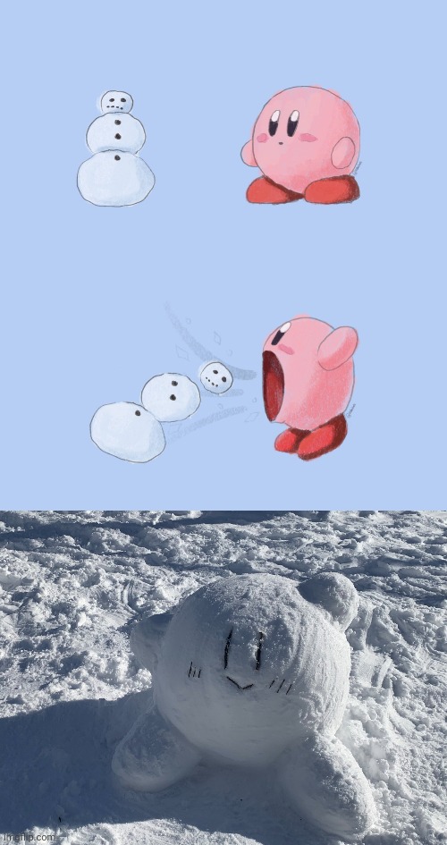 KIRBY IS READY FOR WINTER | image tagged in kirby,winter,winter is here,snowman | made w/ Imgflip meme maker