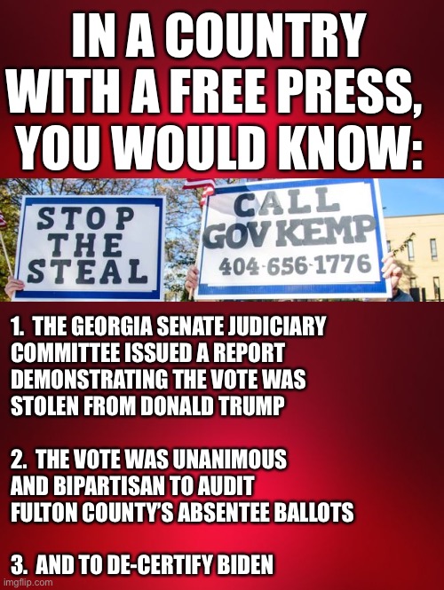 Georgia 2020 | IN A COUNTRY WITH A FREE PRESS, 
YOU WOULD KNOW:; 1.  THE GEORGIA SENATE JUDICIARY
COMMITTEE ISSUED A REPORT
DEMONSTRATING THE VOTE WAS 
STOLEN FROM DONALD TRUMP 
 
2.  THE VOTE WAS UNANIMOUS 
AND BIPARTISAN TO AUDIT 
FULTON COUNTY’S ABSENTEE BALLOTS
 
3.  AND TO DE-CERTIFY BIDEN | image tagged in election fraud | made w/ Imgflip meme maker