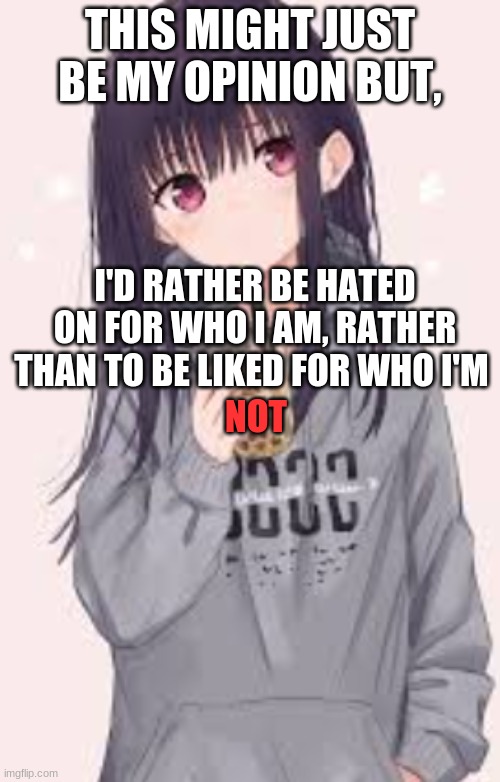 THIS MIGHT JUST BE MY OPINION BUT, I'D RATHER BE HATED ON FOR WHO I AM, RATHER THAN TO BE LIKED FOR WHO I'M; NOT | image tagged in qwrehfgm | made w/ Imgflip meme maker