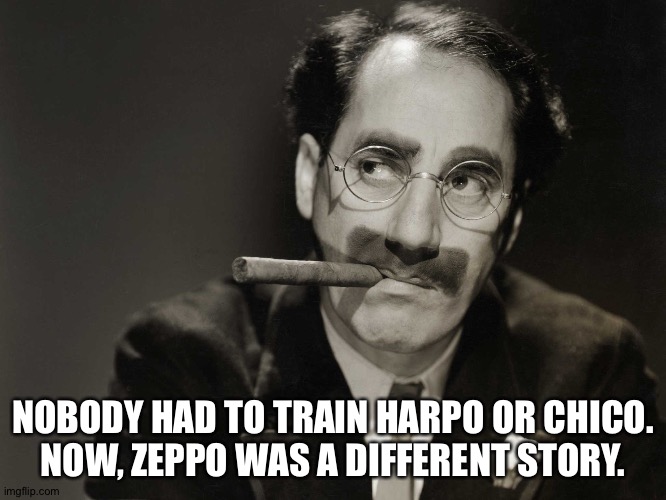 Thoughtful Groucho | NOBODY HAD TO TRAIN HARPO OR CHICO.
NOW, ZEPPO WAS A DIFFERENT STORY. | image tagged in thoughtful groucho | made w/ Imgflip meme maker